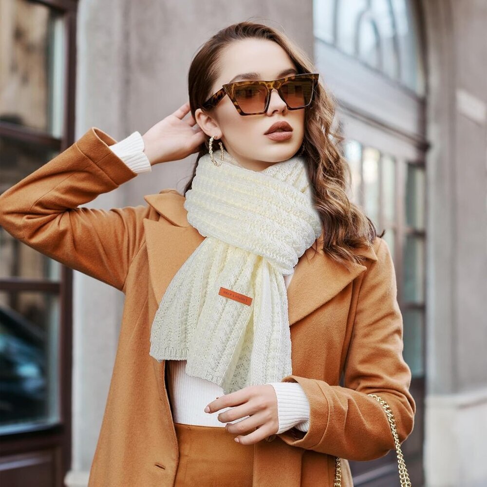 Women's White Fashionable Casual Scarf Soft Acrylic Winter Warm Stylish Design - Picture 7 of 7